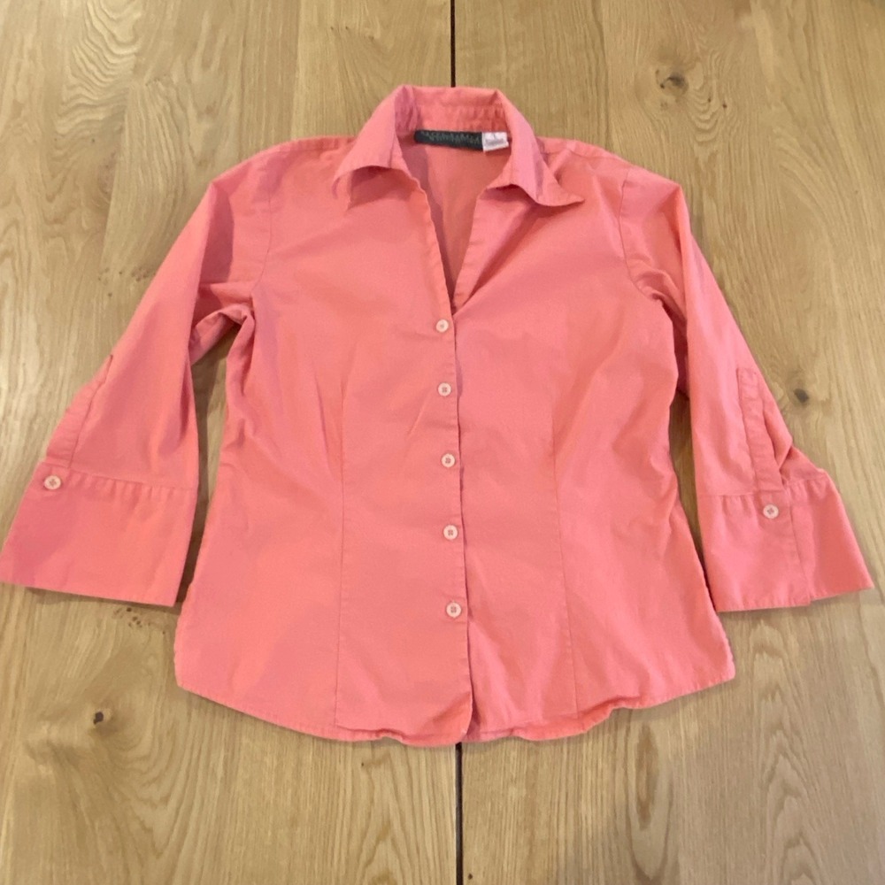 Harve Bernard Button Down shirt Women's Large Salmon Pink 3/4 Sleeve Career Wear